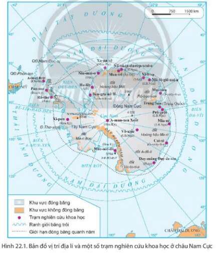 Dựa vào hình 22.1 và thông tin trong bài, em hãy: Xác định vị trí địa lí của châu Nam Cực (ảnh 1)