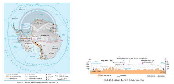Dựa vào hình 23.1, hình 23.2, và thông tin trong bài, cho biết đặc điểm nổi bật của địa hình bề mặt châu Nam Cực (ảnh 2)