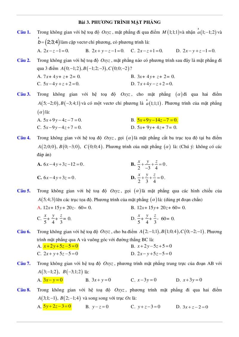 Phương trình mặt phẳng (Lý thuyết + 50 bài tập có lời giải) (ảnh 7)