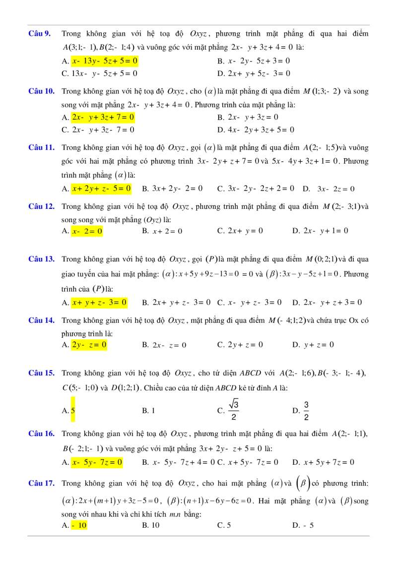 Phương trình mặt phẳng (Lý thuyết + 50 bài tập có lời giải) (ảnh 13)