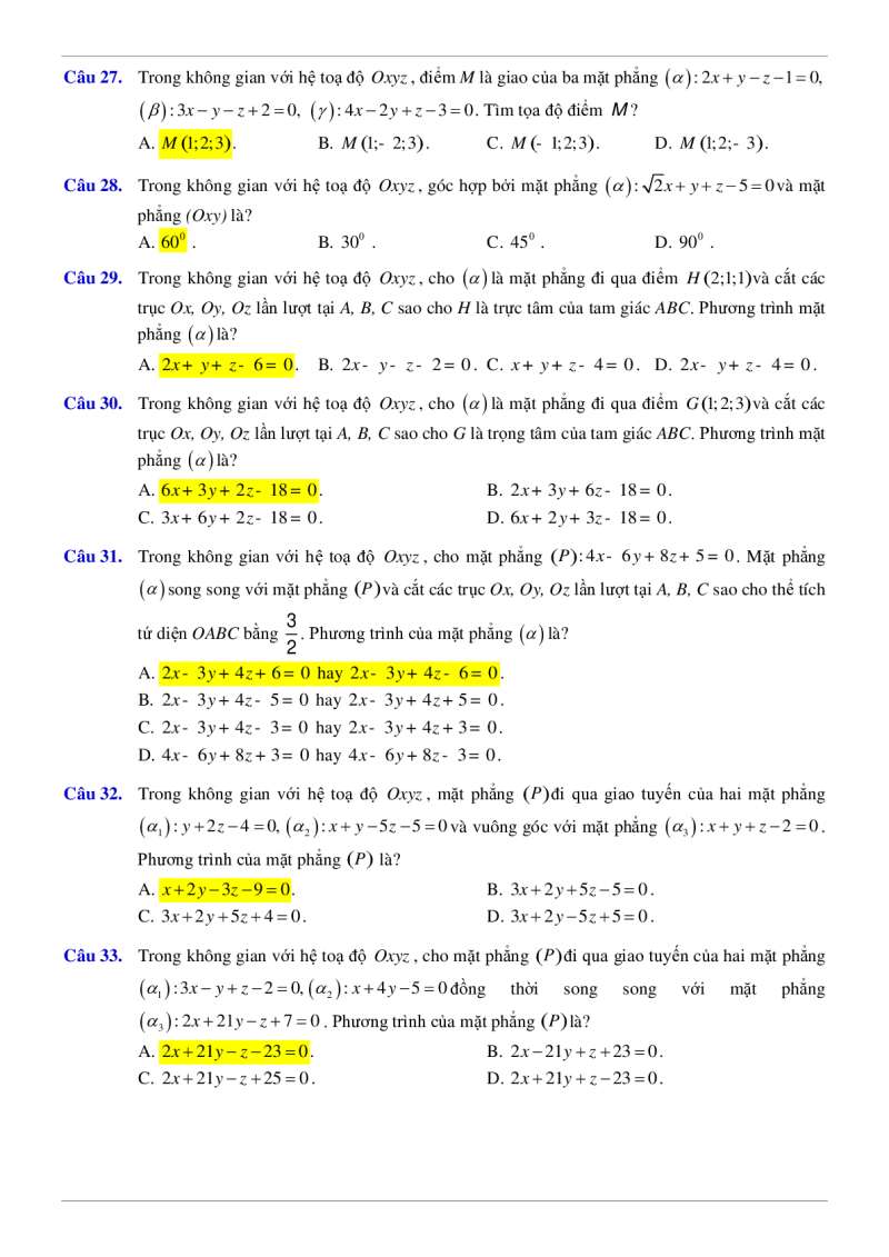 Phương trình mặt phẳng (Lý thuyết + 50 bài tập có lời giải) (ảnh 15)
