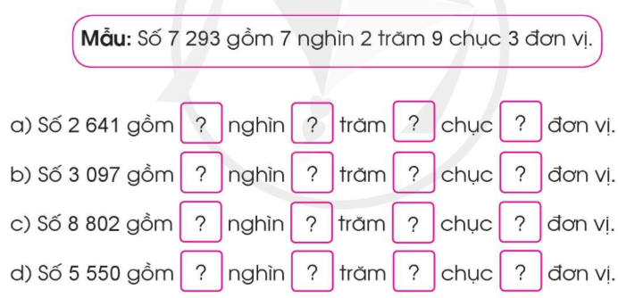 Xác định các số nghìn, trăm, chục, đơn vị rồi viết số thích hợp vào ô trống. (ảnh 1)