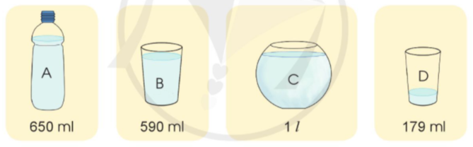 Tổng lượng nước trong 2 cốc B và D là bao nhiêu mi-li-lít? (ảnh 1)