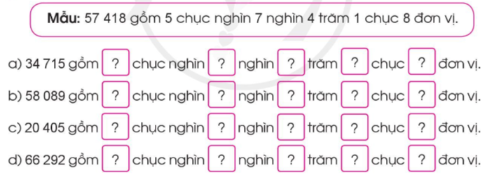 Xác định chữ số hàng chục nghìn, nghìn, trăm, chục, đơn vị rồi viết số thích hợp vào ô trống. (ảnh 1)