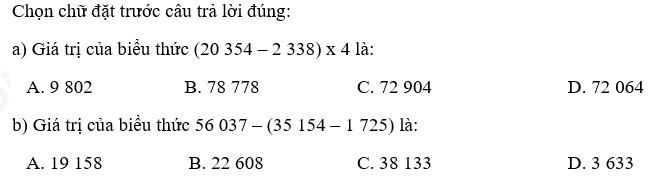 Chọn chữ đặt trước câu trả lời đúng Toán lớp 3 Tập 2 trang 107 Luyện tập 3 (ảnh 1)