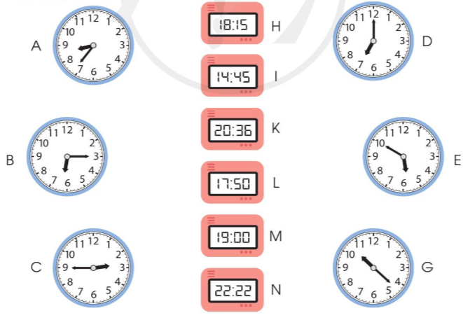 Hai đồng hồ nào dưới đây chỉ cùng thời gian vào buổi chiều hoặc buổi tối? (ảnh 1)