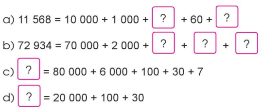 Xác định chữ số hàng chục nghìn, hàng nghìn, hàng trăm, hàng chục, hàng đơn vị rồi viết số còn thiếu vào chỗ trống (ảnh 1)
