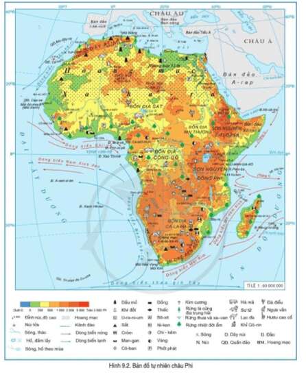 Đọc thông tin và quan sát hình 9.2, hãy Xác định các sơn nguyên, bồn địa, các dãy núi của châu Phi (ảnh 1)