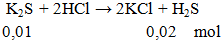 K2S + 2HCl → 2KCl + H2S | K2S ra KCl | K2S ra H2S (ảnh 2)