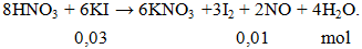 8HNO3 + 6KI → 6KNO3 +3I2 + 2NO + 4H2O | KI ra I2 (ảnh 1)