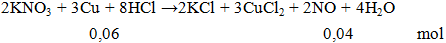 2KNO3 + 3Cu + 8HCl → 2KCl + 3CuCl2 + 2NO + 4H2O | KNO3 ra KCl (ảnh 1)