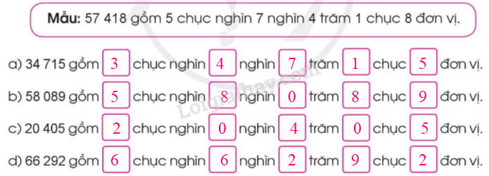 Xác định chữ số hàng chục nghìn, nghìn, trăm, chục, đơn vị rồi viết số thích hợp vào ô trống. (ảnh 2)