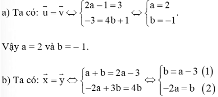 Tìm các số thực a và b sao cho mỗi cặp vectơ sau bằng nhau: (ảnh 1)