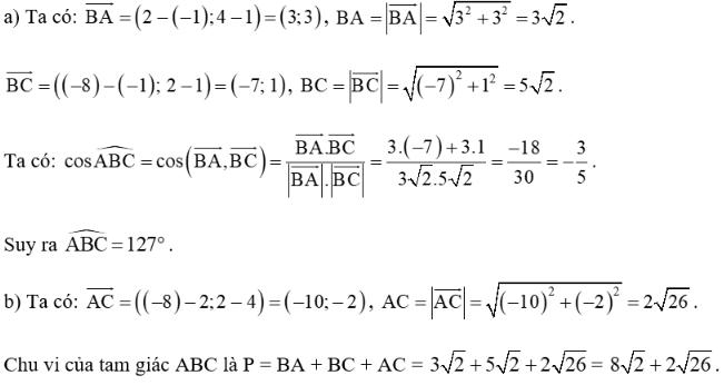 Trong mặt phẳng tọa độ Oxy, cho tam giác ABC có A(2; 4); B(– 1; 1); C(– 8; 2). (ảnh 1)