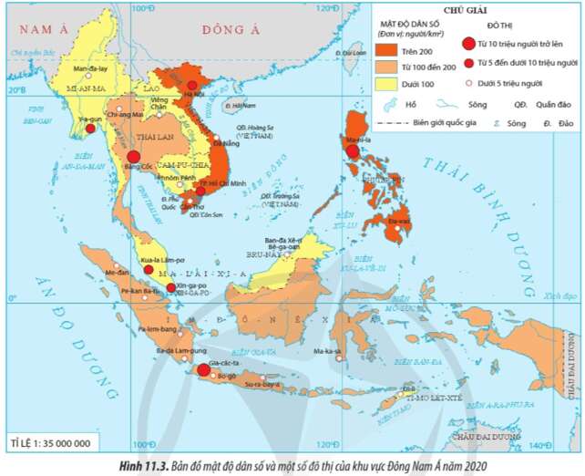Quan sát hình 11.3 hãy đọc tên các nước có mật độ dân số trên 200 người/km2 (ảnh 1)