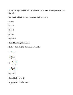 35 câu trắc nghiệm Biến đổi các biểu thức hữu tỉ. Giá trị của phân thức (có đáp án).docx