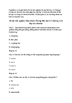 50 câu trắc nghiệm Ôn tập Hóa học 12 Chương 4  (có đáp án) chọn lọc