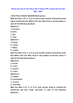 Đề thi thử vào 10 môn Tiếng Anh năm 2023 Trường THPT Lương Văn Can (Hà Nội) (có đáp án)