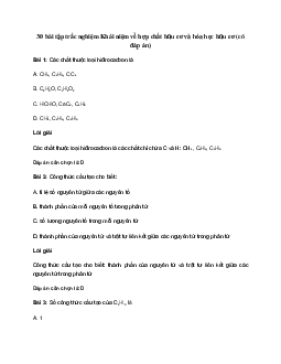 30 bài tập trắc nghiệm Khái niệm về hợp chất hữu cơ và hóa học hữu cơ (có đáp án)