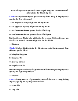 10 câu trắc nghiệm Sự phụ thuộc của cường độ dòng điện vào hiệu điện thế giữa hai đầu dây dẫn( có đáp án)