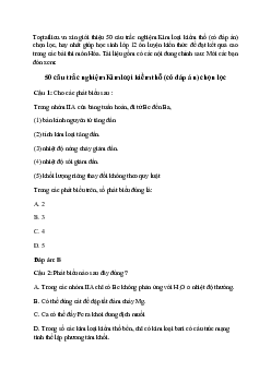 50 câu trắc nghiệm Kim loại kiềm thổ  (có đáp án) chọn lọc