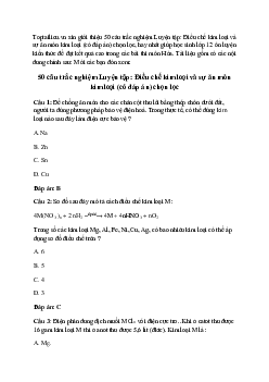 50 câu trắc nghiệm Thực hành: Điều chế kim loại và sự ăn mòn kim loại  (có đáp án) chọn lọc